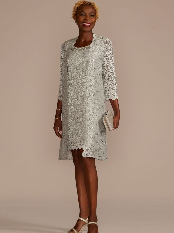 Silver beaded lace short sheath dress with jacket for grandmother of the groom