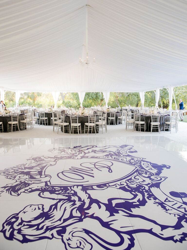 Dance floor featuring a custom family crest. 