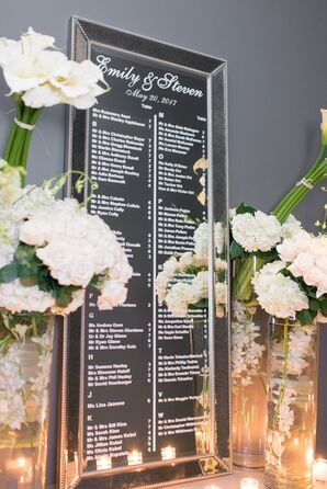 Seating Chart on Mirror with Orchids and Hydrangeas