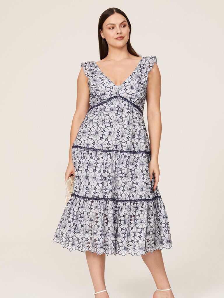 Blue floral midi dress from Marchesa Notte