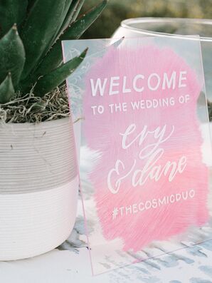 Modern Acrylic Sign with Pink Watercolor Background and White Typography