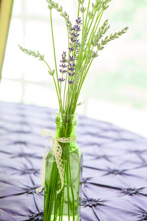 Lavender Sprigs in Vintage Bottle and Purple Linens