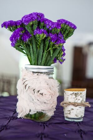 Purple and White Flower and Birch Table Decor