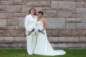 Melanie and Jennifer in Wedding Ivory Attire with Lavender Bouquets
