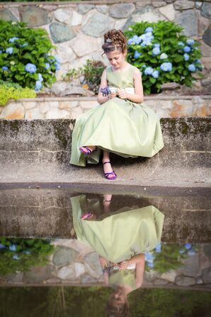 Celadon Dress with Ivory Sash and Purple Shoes