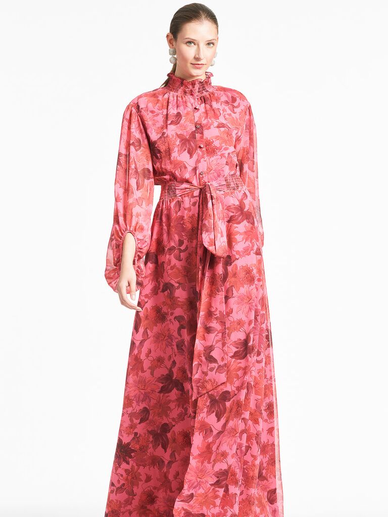 Red and pink floral print dress for mother of the bride. 