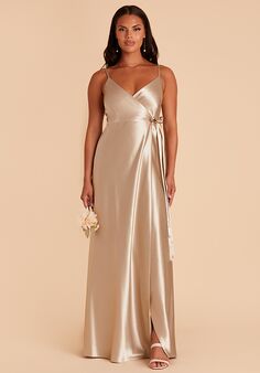 Birdy Grey Cindy Dress in Satin Neutral Champagne V-Neck Bridesmaid Dress