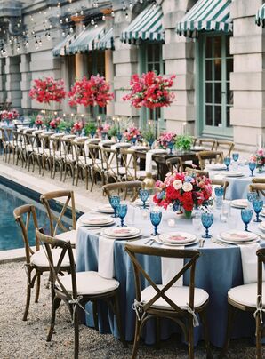 Greek-Inspired Wedding Reception With Blue Details and Bougainvillea at Estate