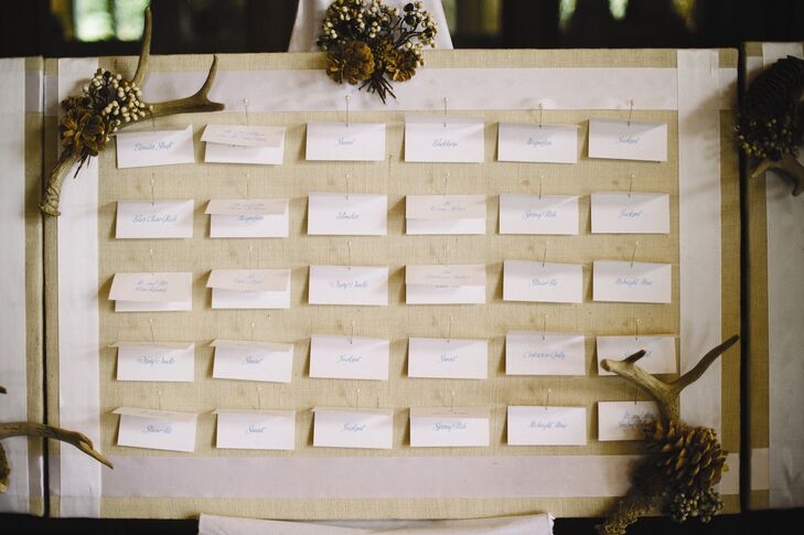 The white escort cards were pinned to a fabric-covered board decorated with antlers, pinecones and berries.