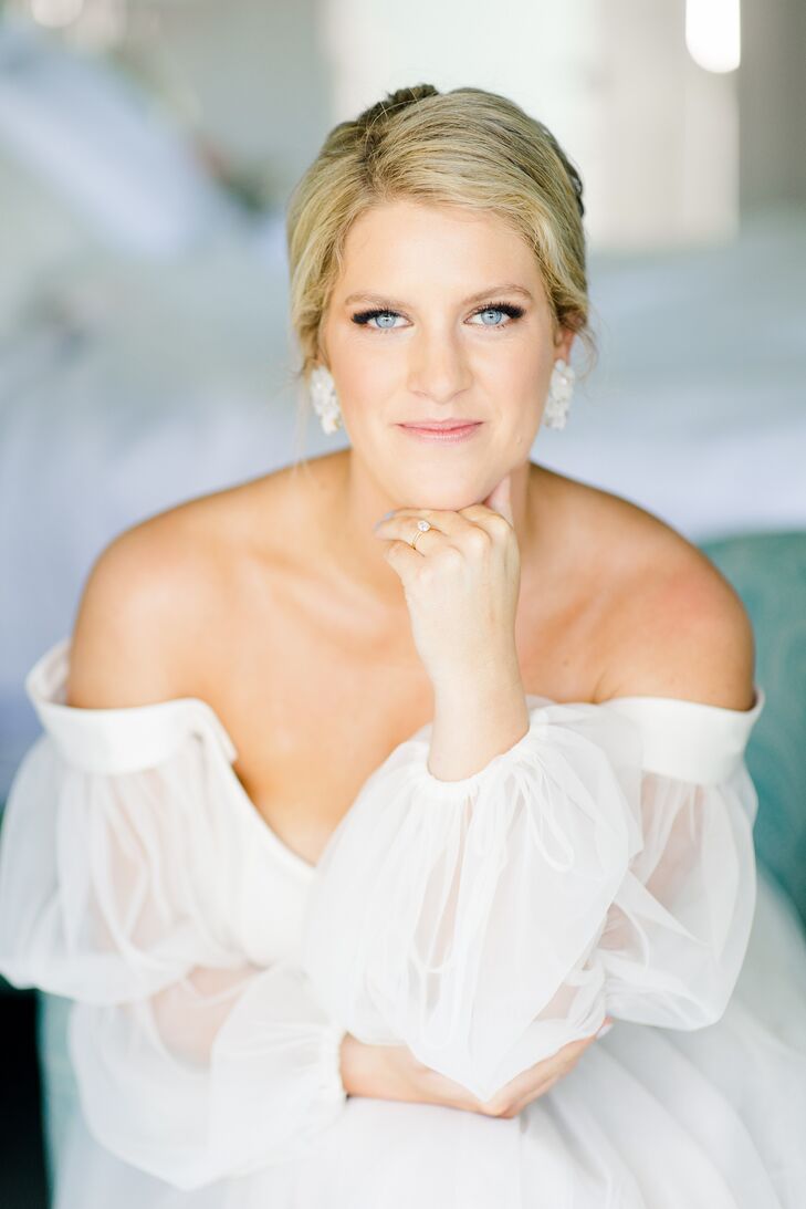 Bride With Off-the-Shoulder Wedding Dress and Statement Earrings