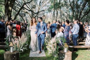 Bohemian Recessional with Trees, Benches and Pampas Grass Aisle Decorations