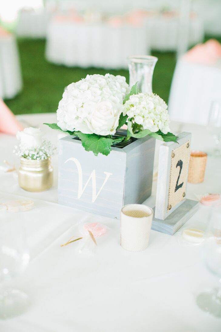 Monogram Box Centerpieces with White Hydrangeas and Burlap Table Numbers