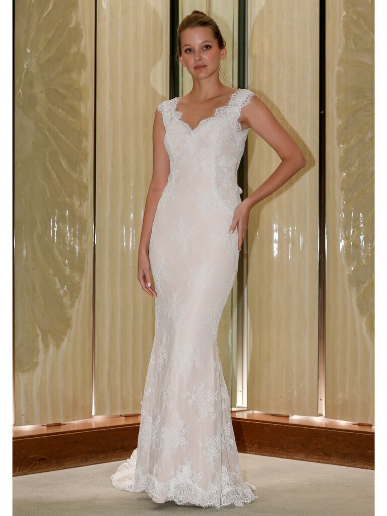 Randy Fenoli Fall 2019 Bridal Collection fit and flare wedding dress with scalloped lace neckline