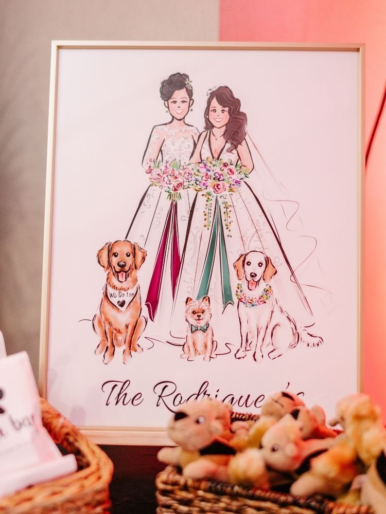 caricature portrait of couple and dogs as wedding signage
