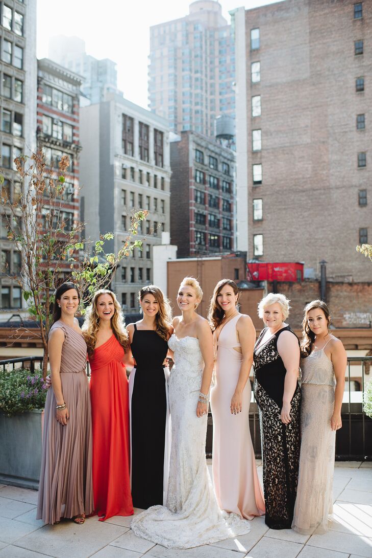 Though their wedding was an intimate event, Whitney and Ryan wanted the big-city affair to maintain a formal quality. They opted for a black-tie dress code and let their wedding party choose their own attire. Whitney’s bridesmaids wore elegant floor-length gowns in shades of blush, black and coral.
