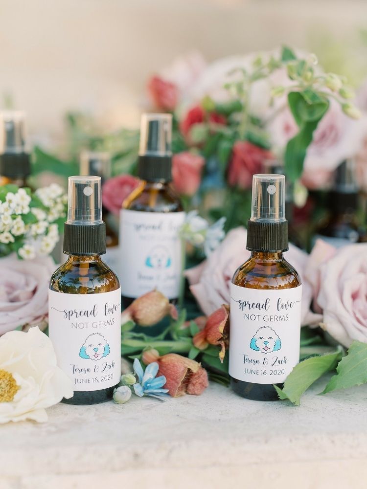 hand sanitizer wedding favor with dog-themed label