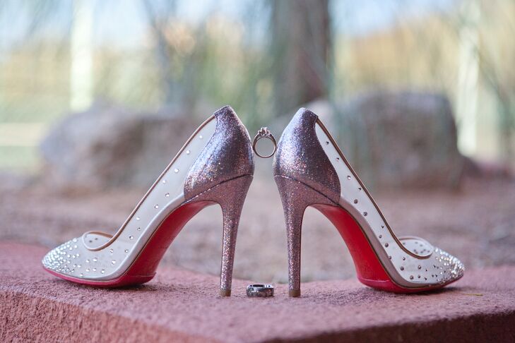 Stephanie wore pink sparkly bridal heels with white embellished sides for glamorous shimmer with her wedding day look.