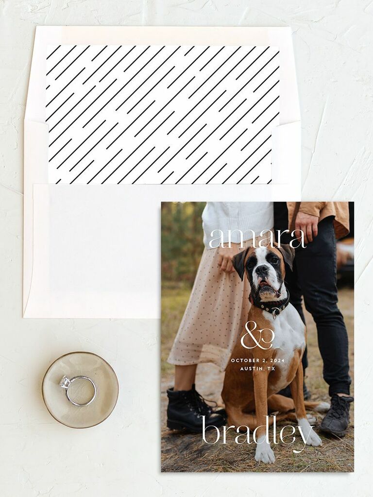 Save-the-date with photo of couple and dog 2023 wedding invitation trend