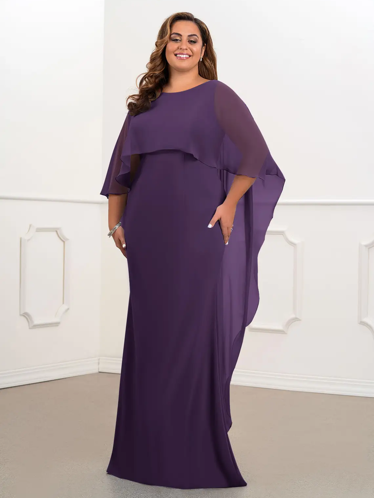 A model wears this plum-colored mother of the bride gown with a sheer cape.