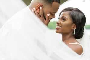 Bride and Groom Portraits With Veil at Stone River in Columbia, South Carolina