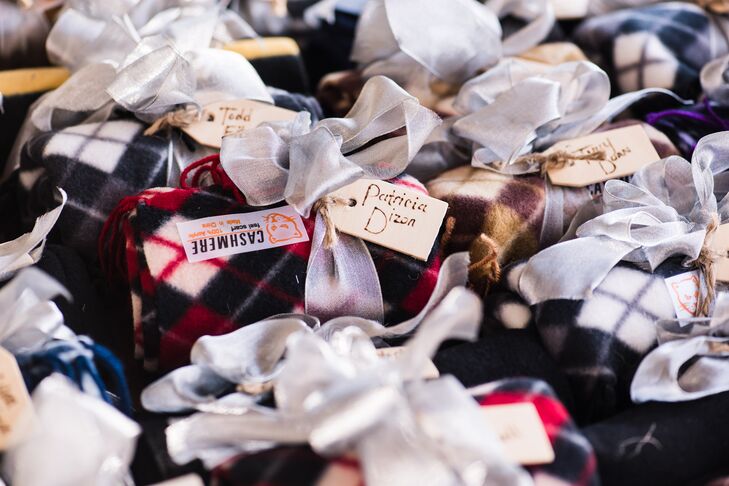 The scarves were plaid and striped with silver wired ribbon that Chantley's mother-in-law made into bows and topped off with wooden name tags.