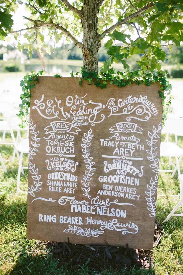 Instead of handing out programs, Lauren and Carter introduced their wedding party and parents on a hand-painted wooden sign dripping in green ivy.