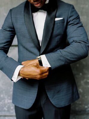 Formal Groom Wearing Dark Blue Tuxedo and Watch