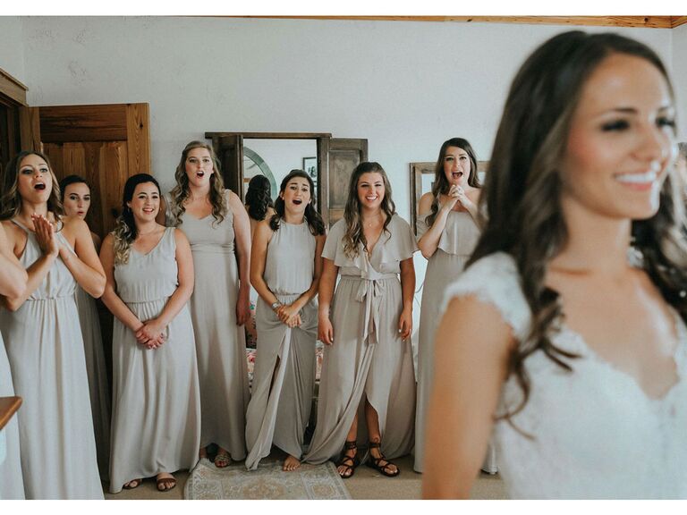 First look with bridesmaids on wedding morning
