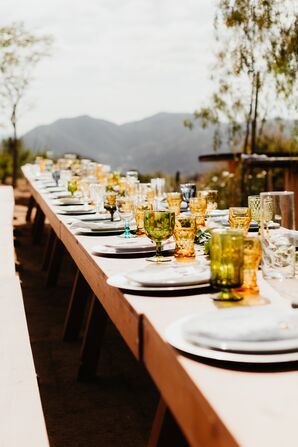 Modern Farm Tables with Colorful Vintage Glassware