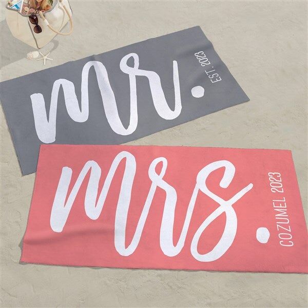 Mr. and Mrs. printed beach towels. 2023 gifts for newlyweds. 
