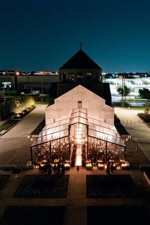 Nighttime Aerial Drone Wedding Photo at Hall of Lights in Carrollton, Texas