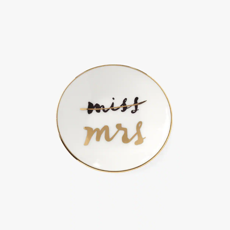 Miss to Mrs white and gold engagement ring dish