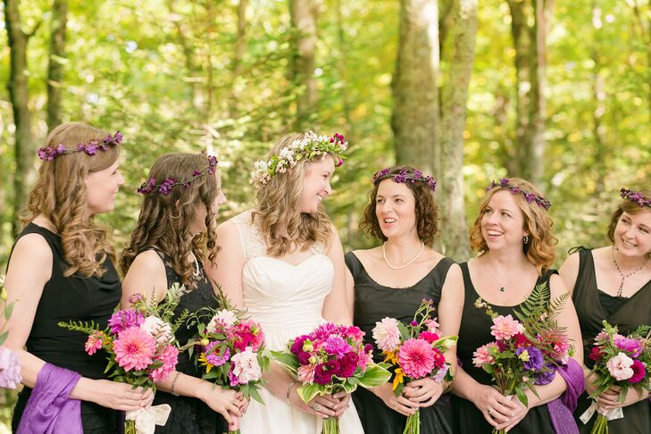 Mismatched Black Bridesmaid Dresses With Pink Bouquets