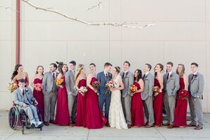 Bridesmaids in Strapless Burgundy Chiffon Gowns