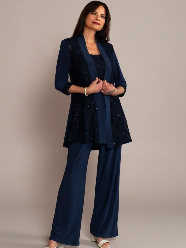 Navy Sequin Lace and Jersey Three-Piece Pantsuit for grandmother of the groom