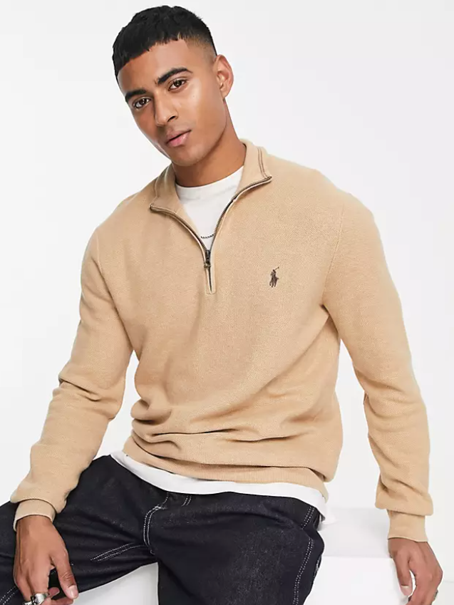 A model shows off this designer polo jacket.