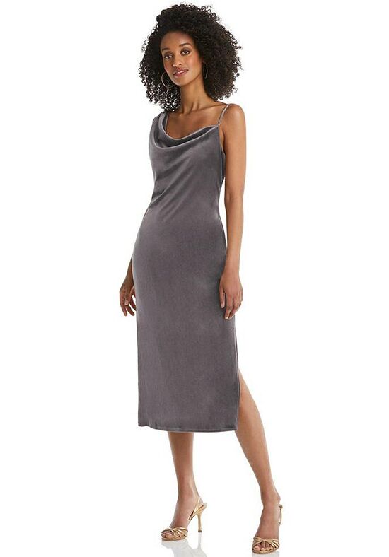 Dessy Group Asymmetrical One-Shoulder Velvet Midi Slip Dress - 8212 One Shoulder Bridesmaid Dress - 1