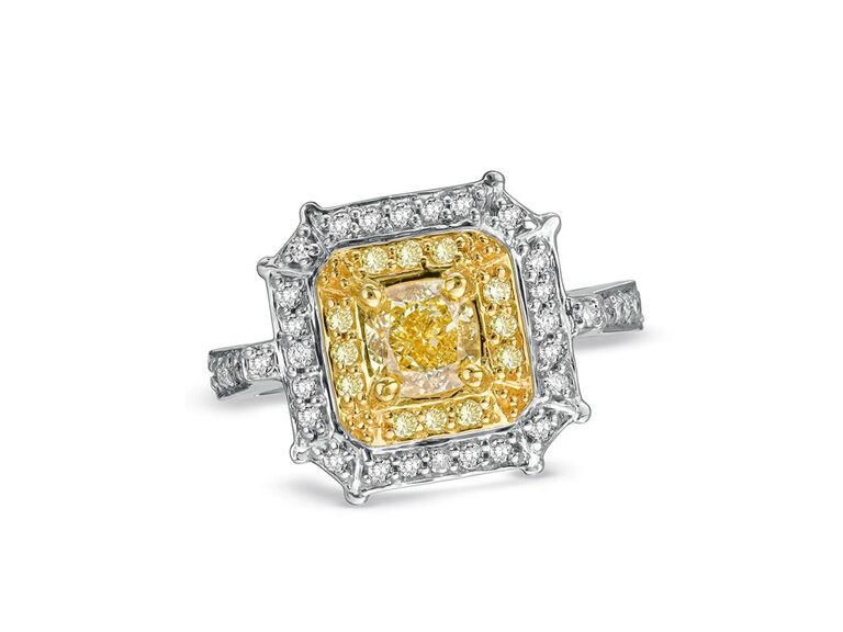 zales radiant-cut yellow diamond engagement ring with radiant cut double halo first halo of yellow diamonds second halo of white diamonds and diamond encrusted white gold band