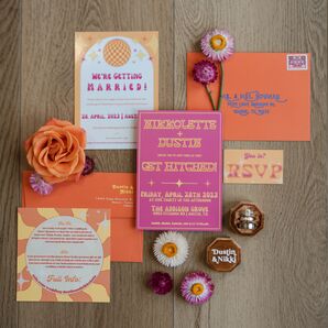 Retro 1970s-Inspired Invitation Suite in Yellow, Pink and Orange With Groovy Font