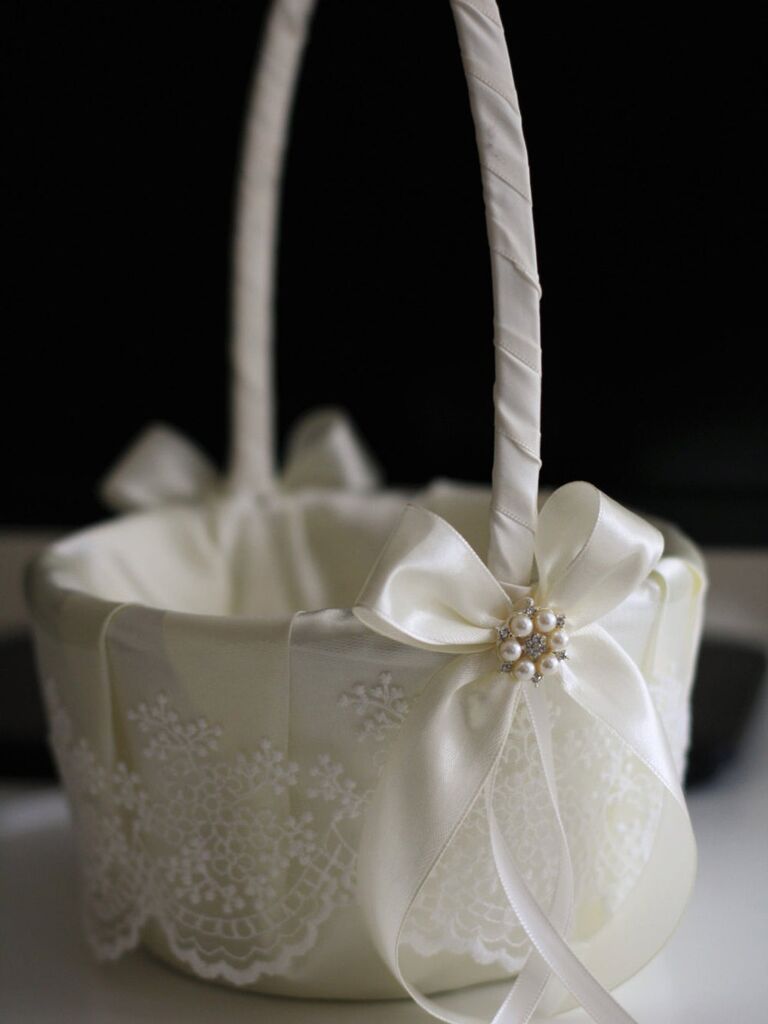 ivory satin flower girl basket