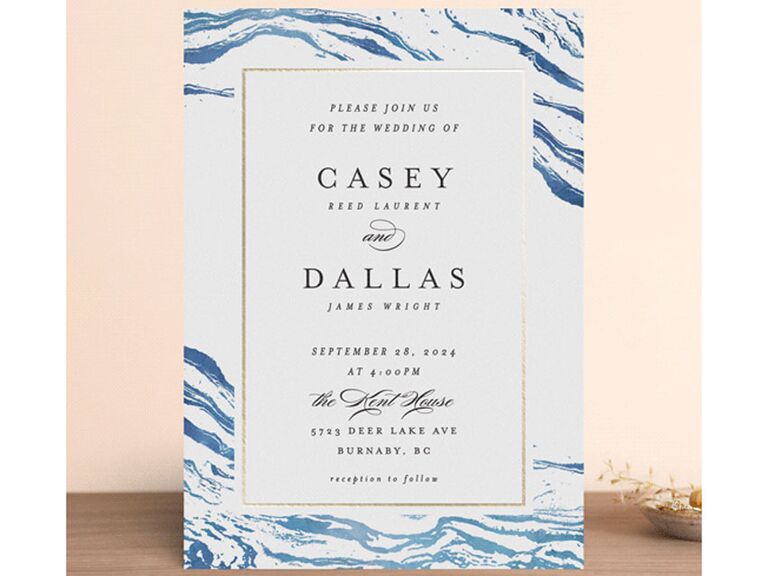 Blue and gold brushstroke beach wedding invitation