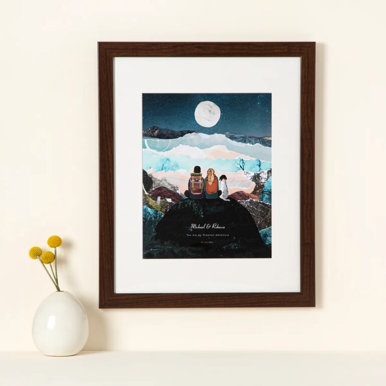 Custom print depicting the newlyweds on a hike. 