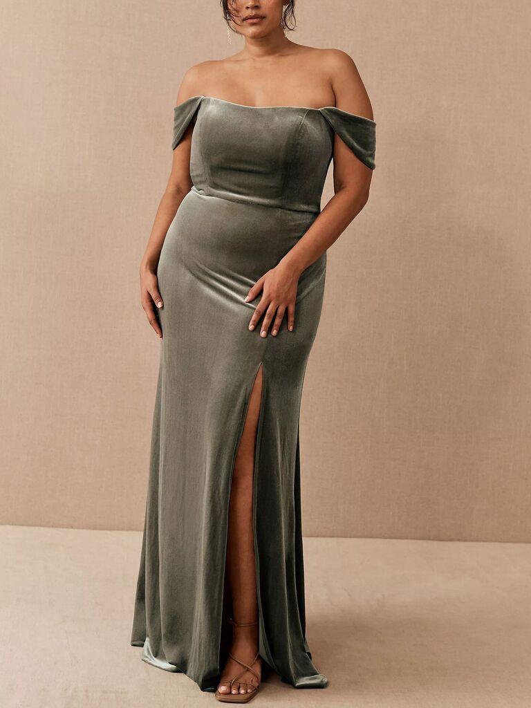 velvet off-the-shoulder spring dress for wedding guests in sage