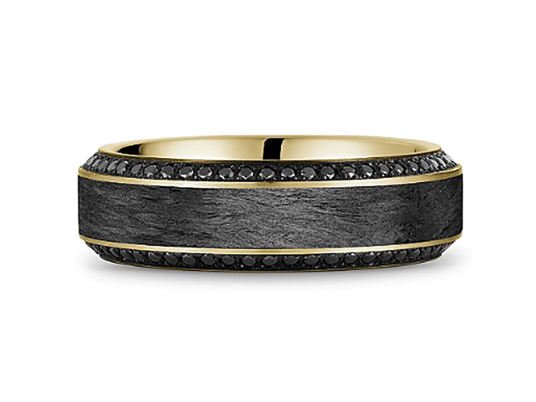 This gender-neutral wedding band stuns with two bands of small black diamonds.