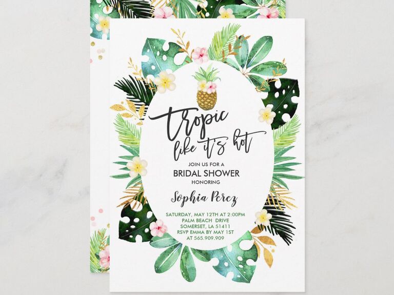 Tropical bridal shower invitation with Tropic Like It's Hot wording