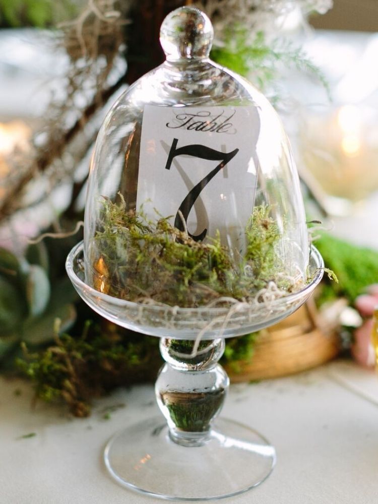 cloche with moss as wedding centerpiece