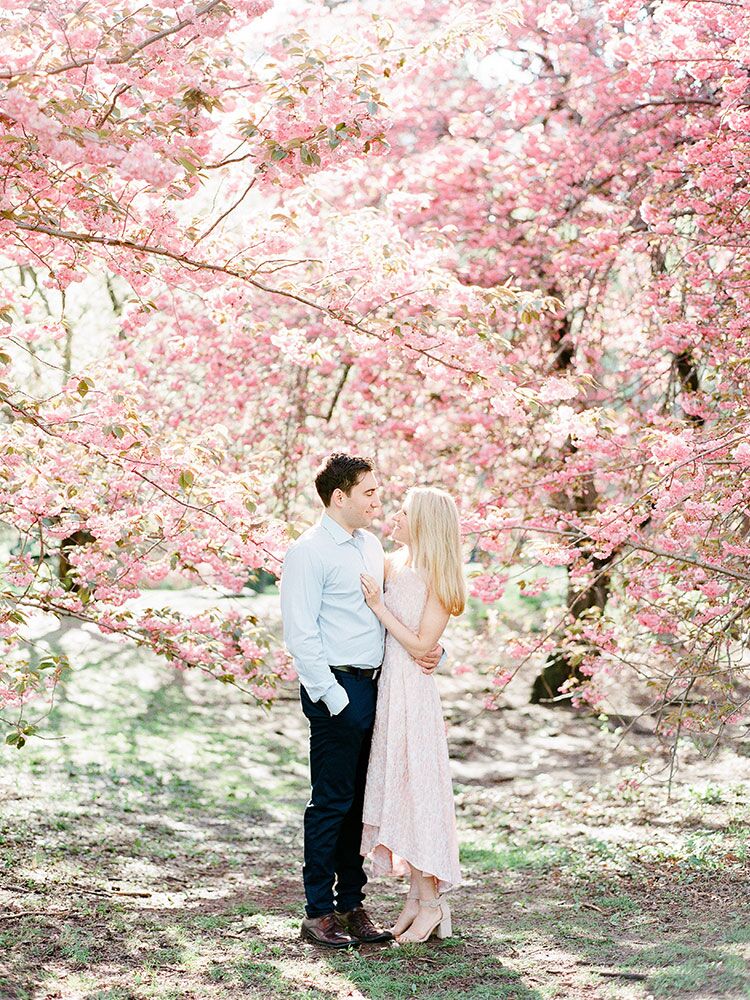 cherry blossom wedding engagement photo