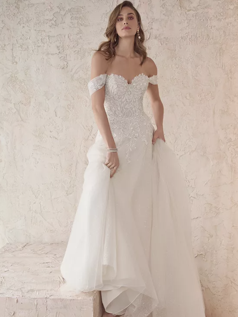 sequin beaded bodice with off the shoulder straps and tulle skirt
