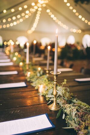 Gray Taper Candles in Vintage Brass Candlesticks