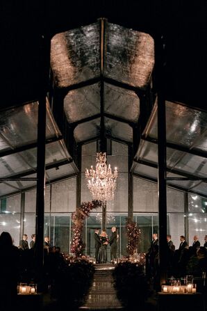 Sunset Wedding Ceremony With Ornate Crystal Chandeliers